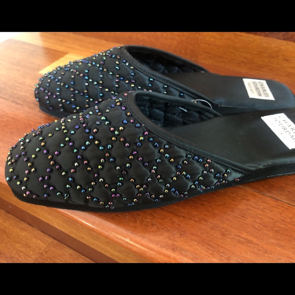 Charles Jourdan black beaded slippers, size 9-10 NWOT